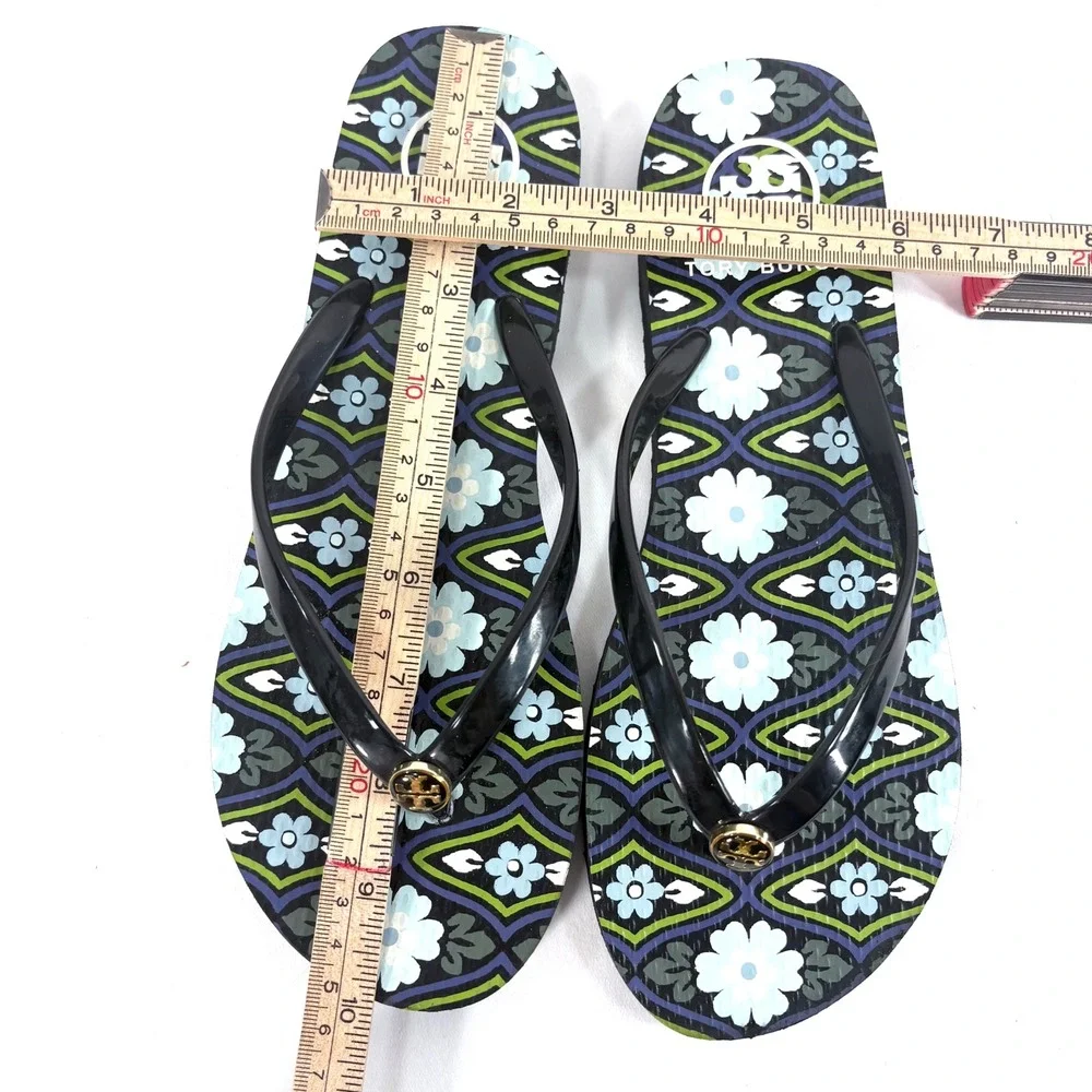 Tory Burch Flip Flop Sandals Black Floral Logo Thong Rubber Shoes Women Sz 9